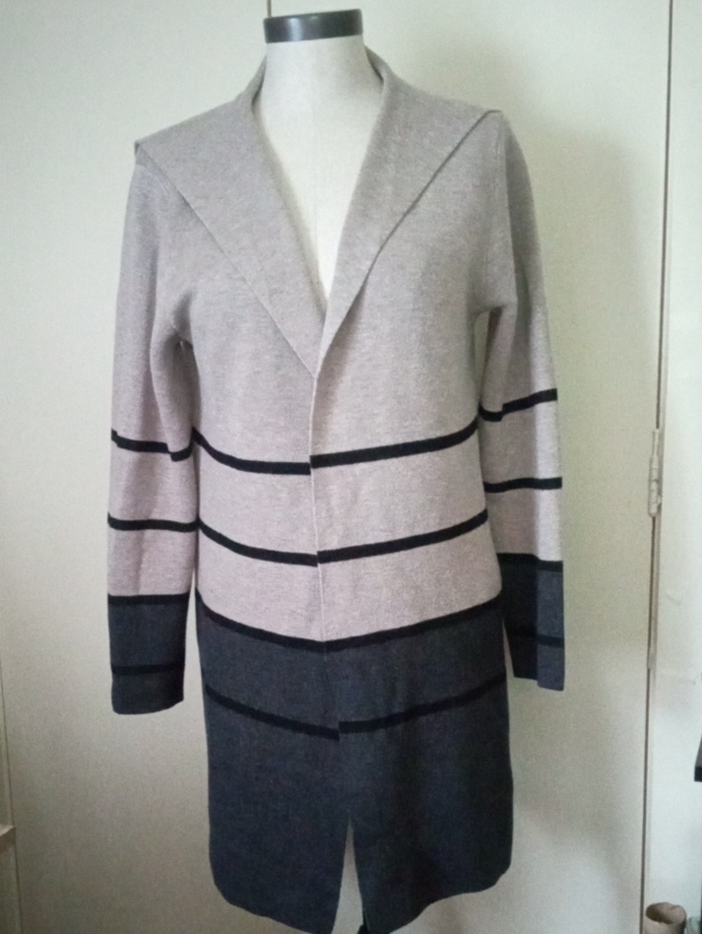 Ivy + Fortune Open-Front Striped Cardigan Cotton Blend Black & Charcoal Medium